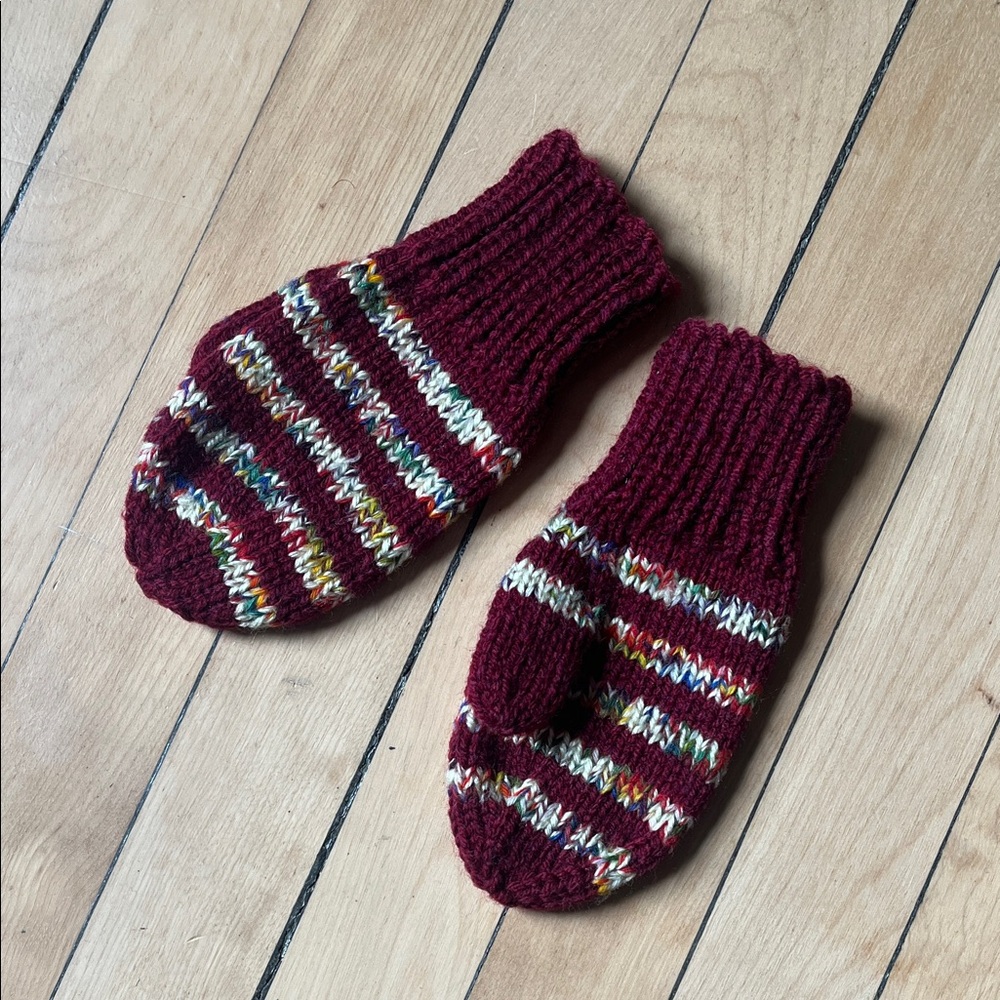 Child’s Hand Knit Cranberry Confetti Stripe Mittens